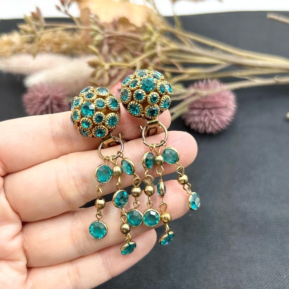 Vintage Turquoise Crystal Convertible Drop Dangle Clip On Earrings
